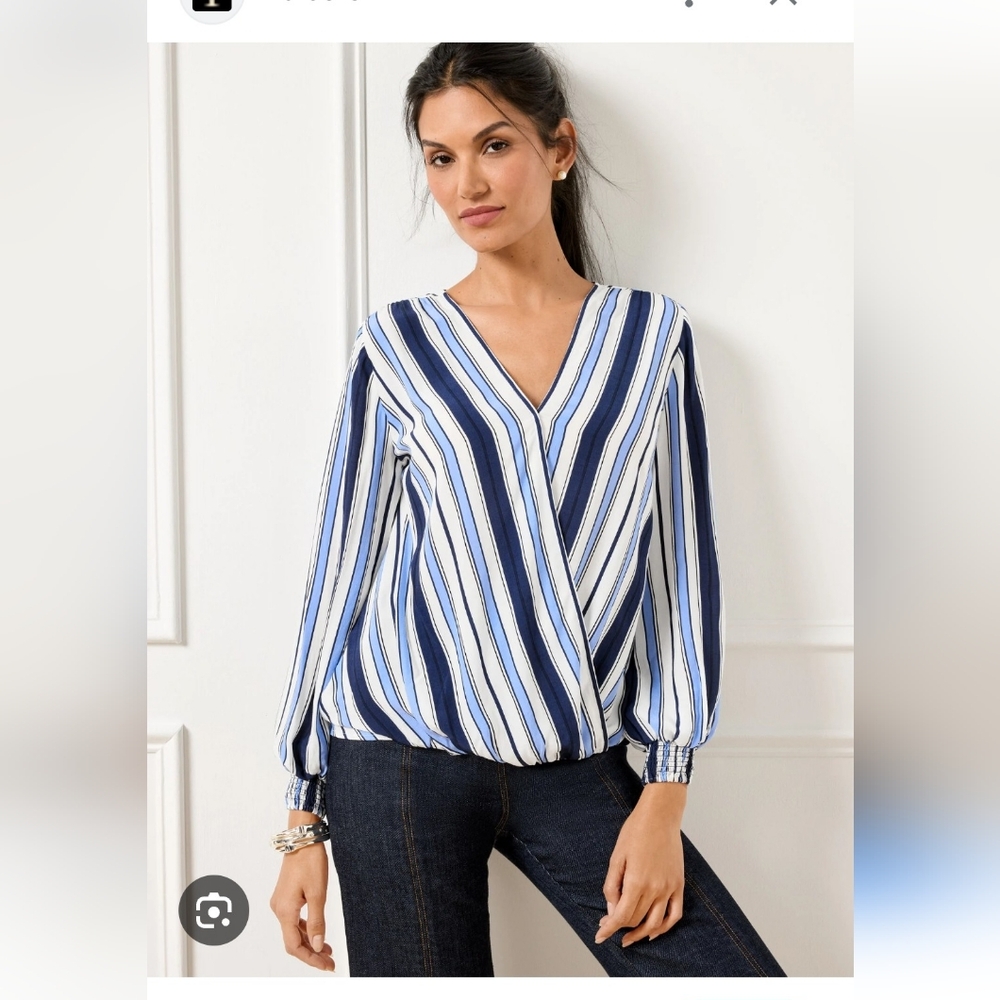 Talbots‎ Blue and White Asymmetrical Long Sleeve Blouse  W002